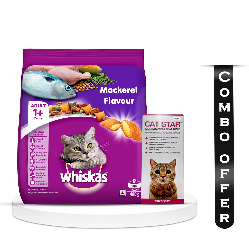 Combo Of Whiskas Mackerel Flavor Food for Adult Cat - 480gm and Cat Star Multi-Vitamin and Coat Tonic For Cats And Kittens - 100ml