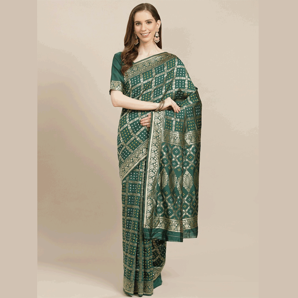 Silk Printed Saree With Blouse Piece For Women - Dark Green