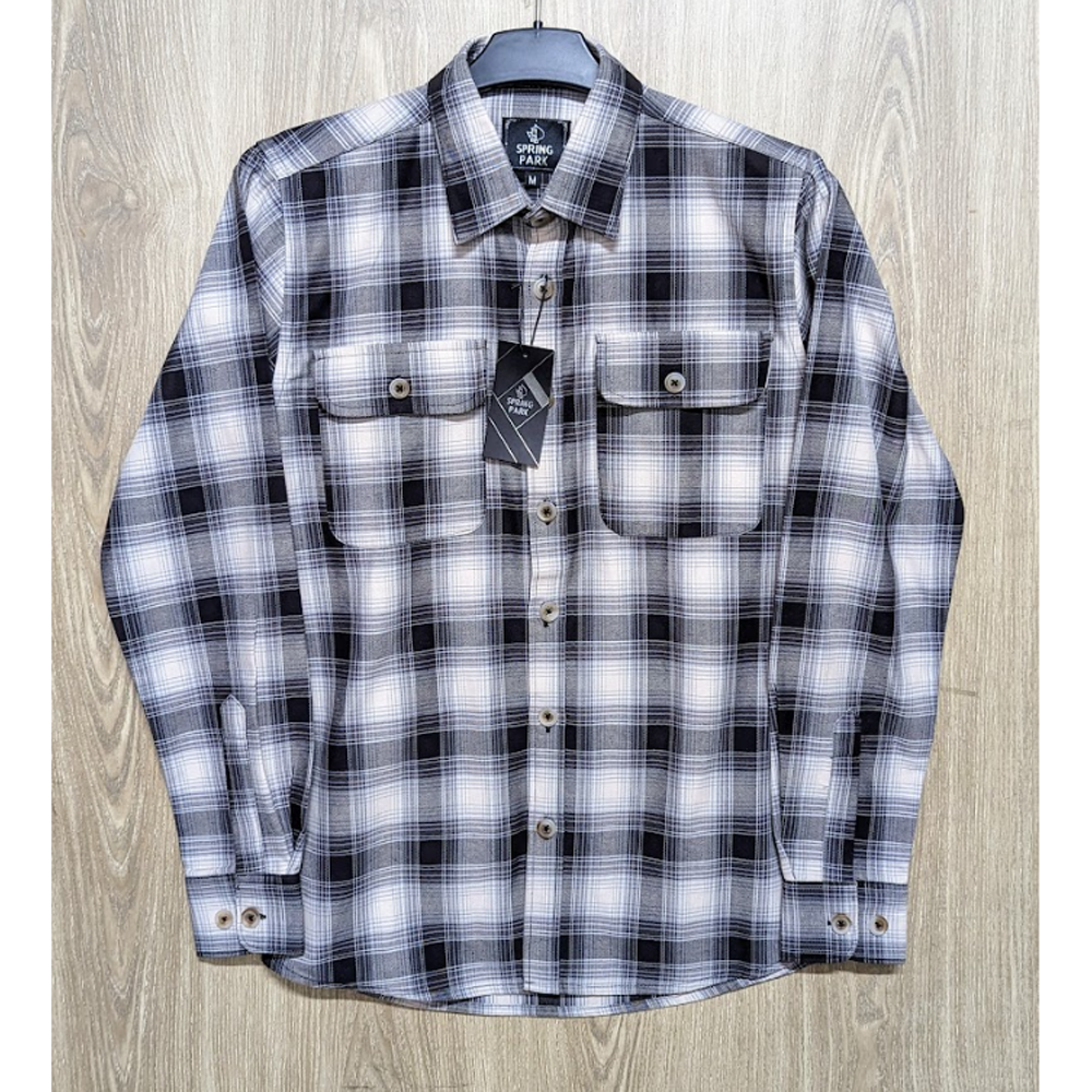 Flannel Cotton Check Double Pocket Casual Shirt -White and Black - SP0042