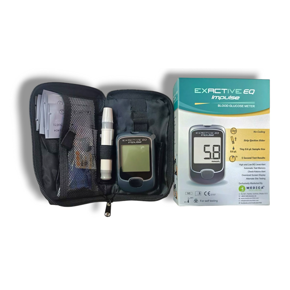 Exactive ED Blood Glucose Monitor With 10 Test Strips Free - Black 
