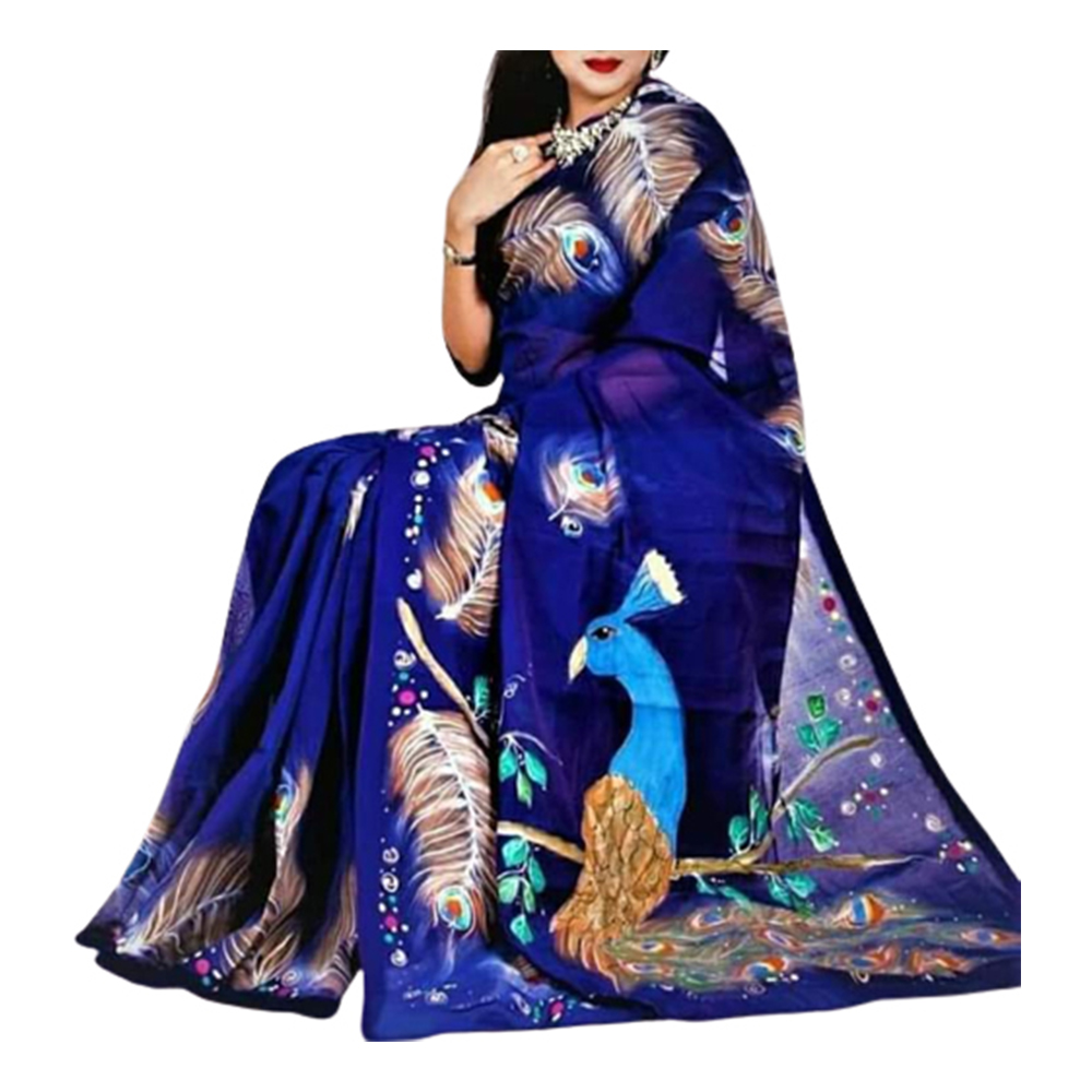 Half Silk Hand Print Saree For Women - Blue - SP-103