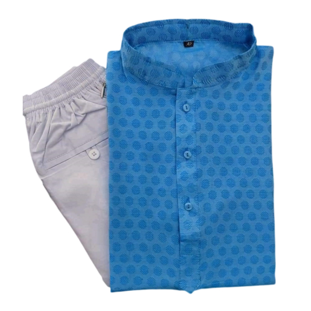 Silk Semi Long Panjabi and Cotton Payjama Set For Men - Sky Blue and White
