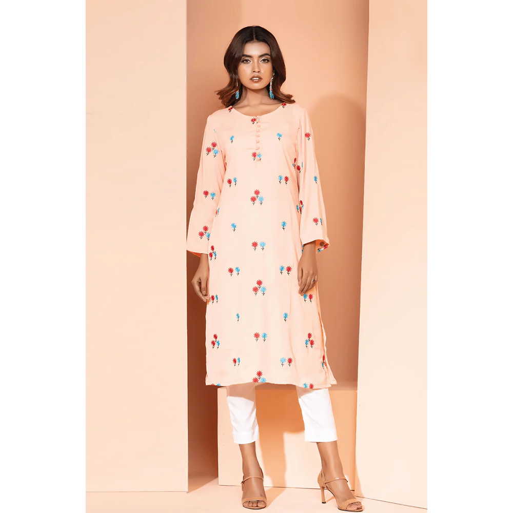 Crepe Silk Kurti For Women - Peach - J11