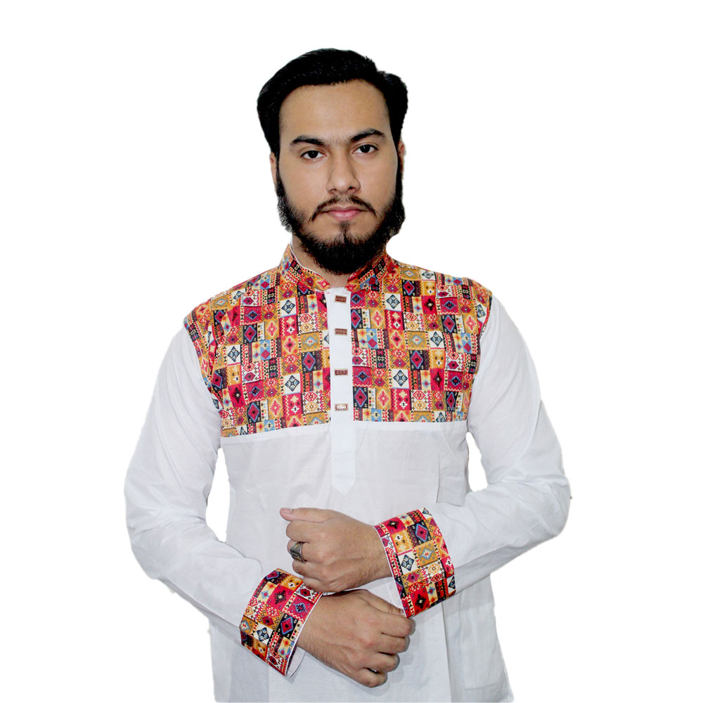 Dupian Silk Semi Long Combine Casual Panjabi For Men - White 