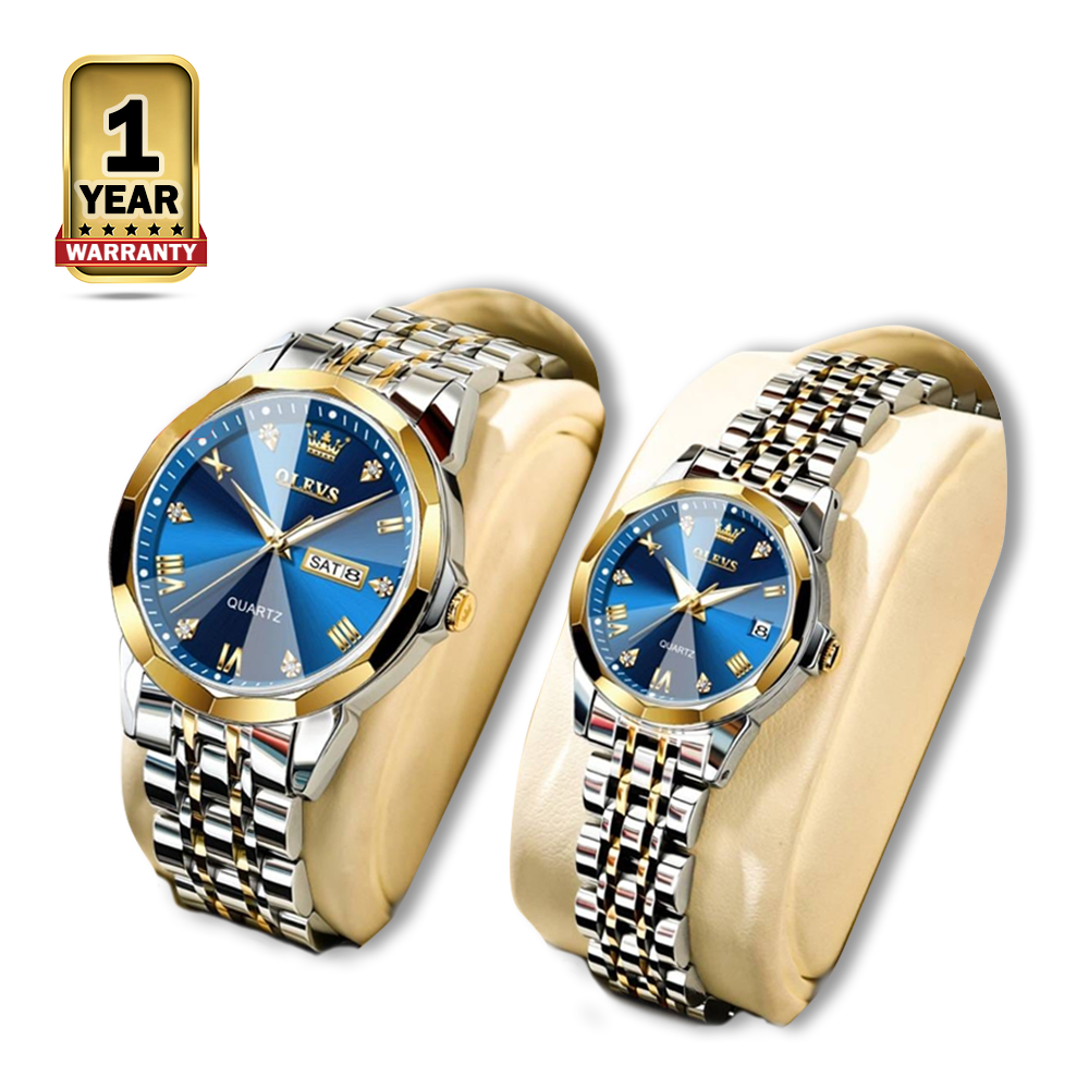 OLEVS 9931 Stainless Steel Diamond Cut Couple Watch - Silver Gold and Blue
