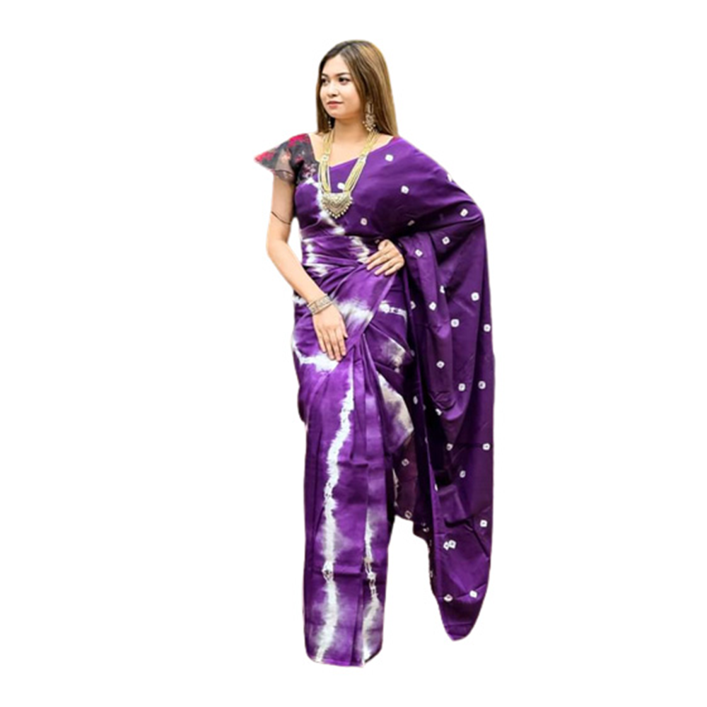 Half Silk Hand Printed Sharee For Women - Purple - SP-118