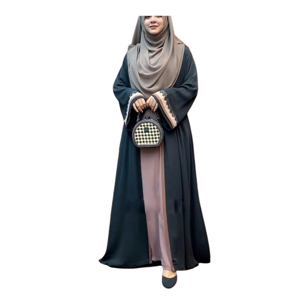 Dubai Cherry Embroidered Lace Arabian Borkha With Hijab - Black and Nude