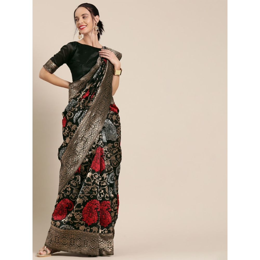 Silk Printed Gorgeous Saree With Blouse Piece For Women - Black - MN-724