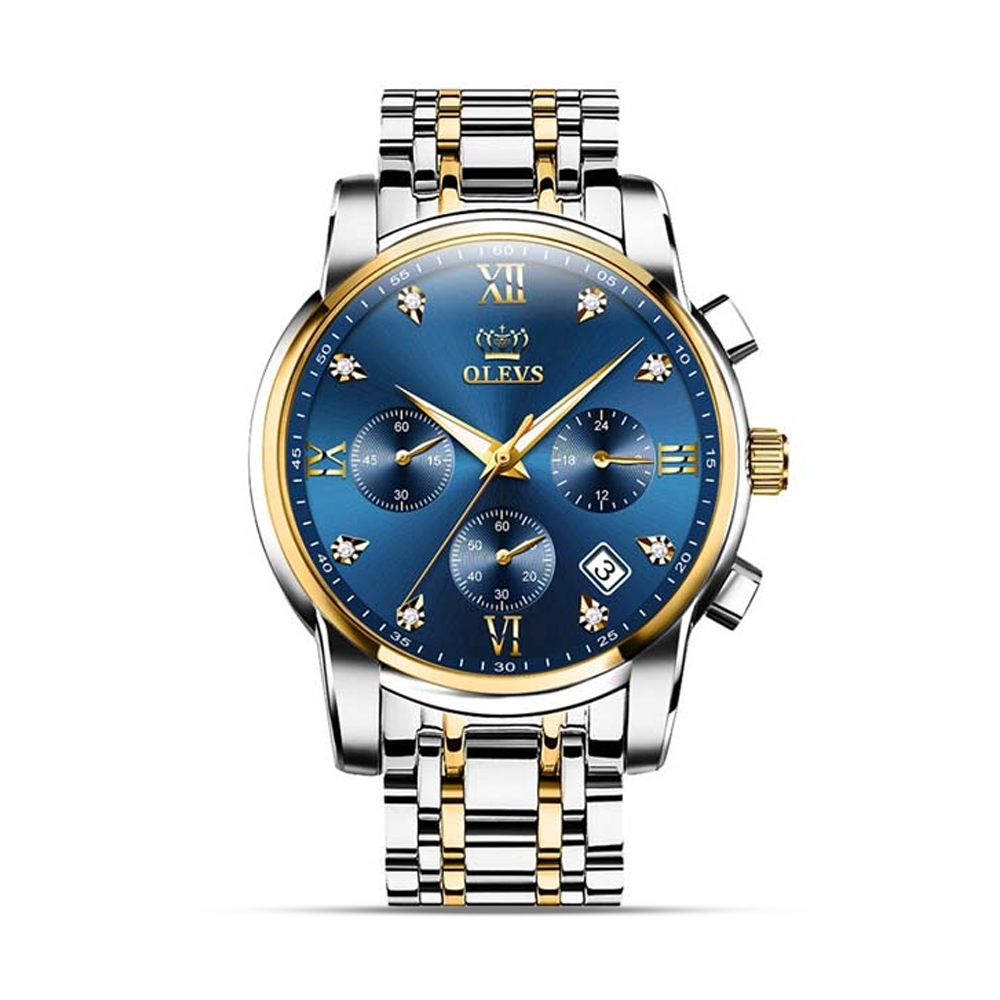 Olevs 2858 Stainless Steel Wrist Watch for Men - Golden Blue