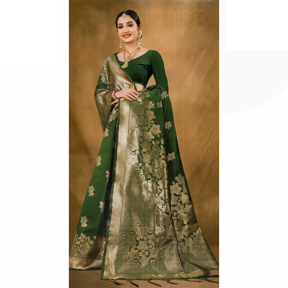 Gujrati Pure Handloom Katan Saree with Blouse Piece for Women - Dark Green - A-646 A