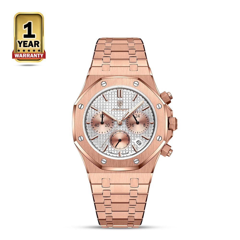 Poedagar 926 Stainless Steel Chronograph Wrist Watch For Men - White and Rose Gold