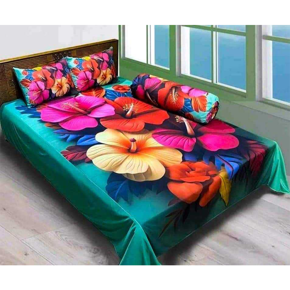 China Cherry Cotton King Size 3D Design Bedsheet With Pillow Covers - Multicolor - HS-00050