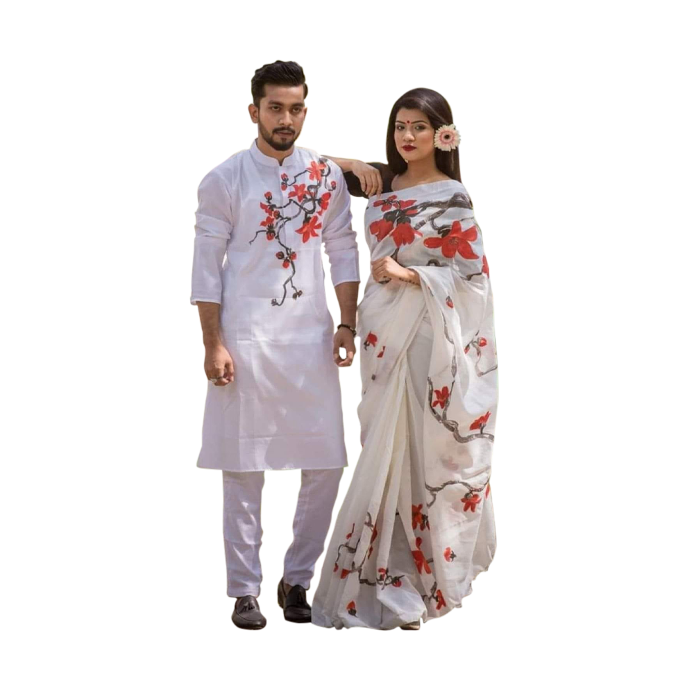 Half Silk Sharee and Cotton Punjabi Set For Couple - CS-13 - White And Red