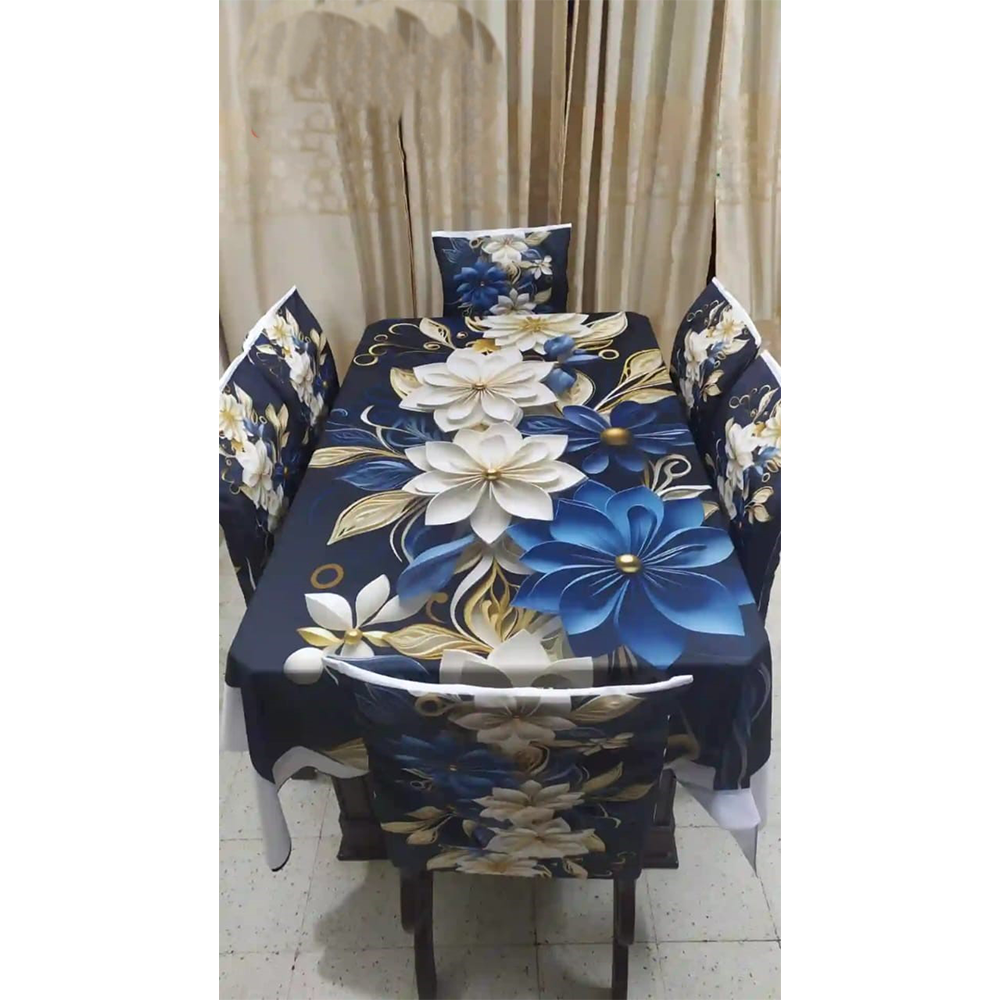 Korean Velvet 3D Print Dining Table Cloth and Chair Cover Set 7 In 1 - HS 00095