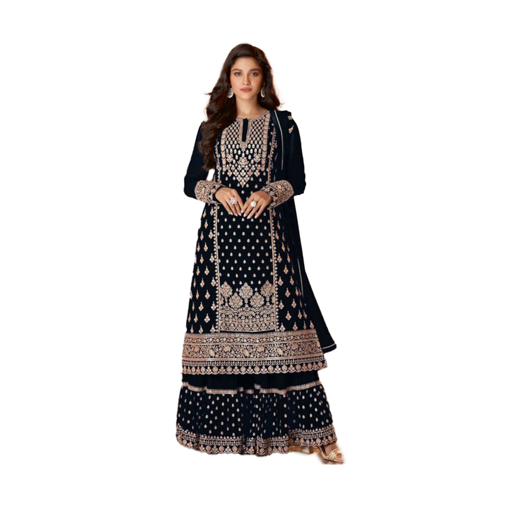 Semi -Stitched Embroidery Work Georgette Sarara Dress For Women - Multicolor