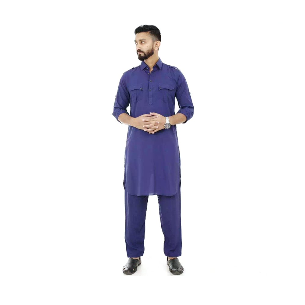 Blue Linen Kabli Full Set For Men - FF1004