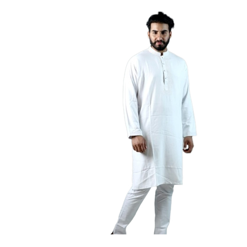 Cotton Digital Print Semi Long Embroidery Panjabi For Men - White - PS-05