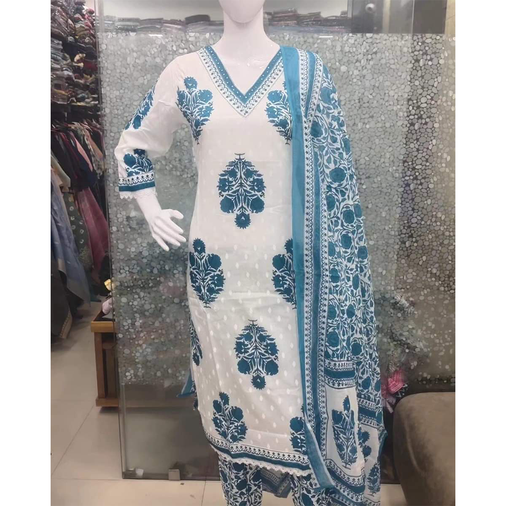 Cotton Screen Printed Salwar Kameez For Women - White - HS 00004