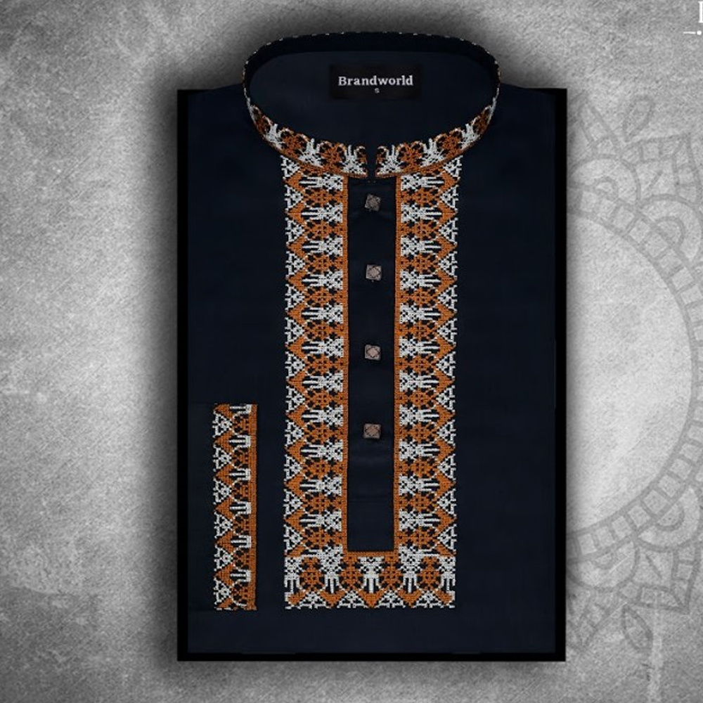 Cotton Embroidery Work Regular Fit Panjabi For Men - Black