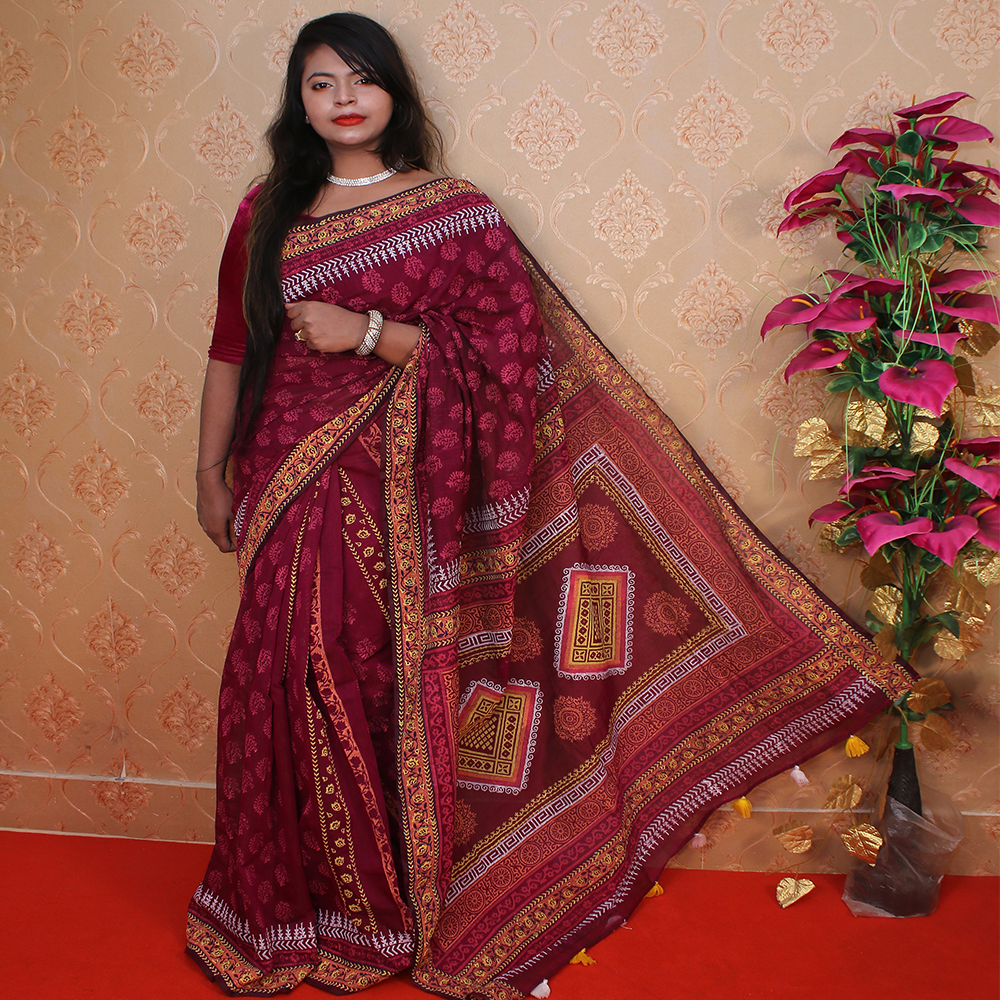 Cotton Half Silk Hand Printed Saree For Women - Maroon - Single _ 02