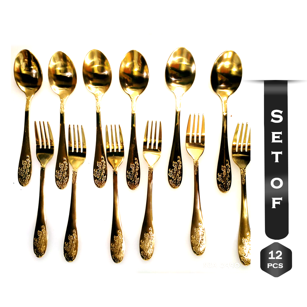 Set of 12Pcs Steel Gold Plated Spoon Set - Golden