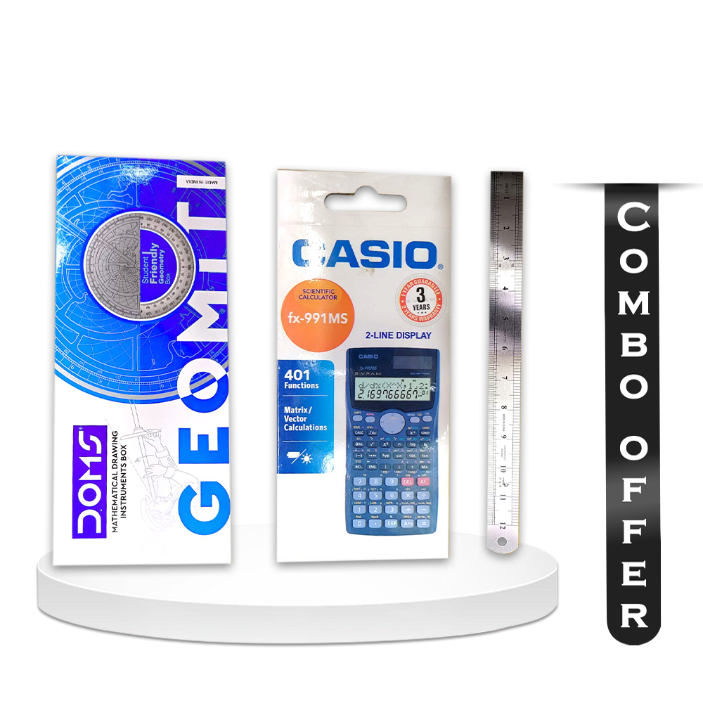 Combo of Casio Scientific Calculator - Geometry Box - Stainless Steel Ruler