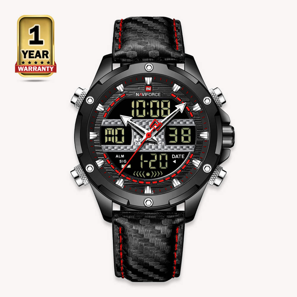 Naviforce NF9194 PU Leather Dual Time Watch For Men - Red and Black