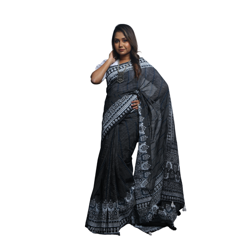 Skin Print Silk Cotton Saree For Women - Soft Black - SC5