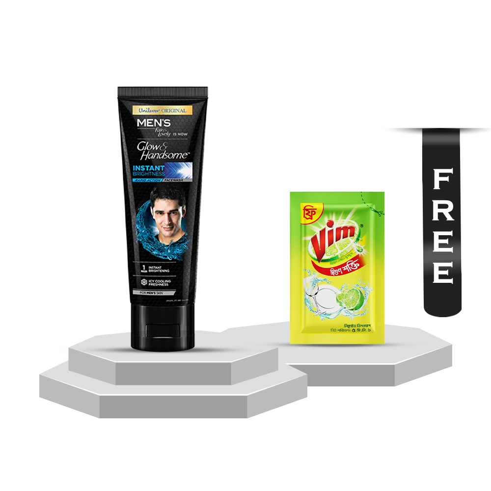 Glow and Handsome Facewash Rapid Action Instant Brightness - 100gm With Vim Liquid Dish Washer - 5ml Free