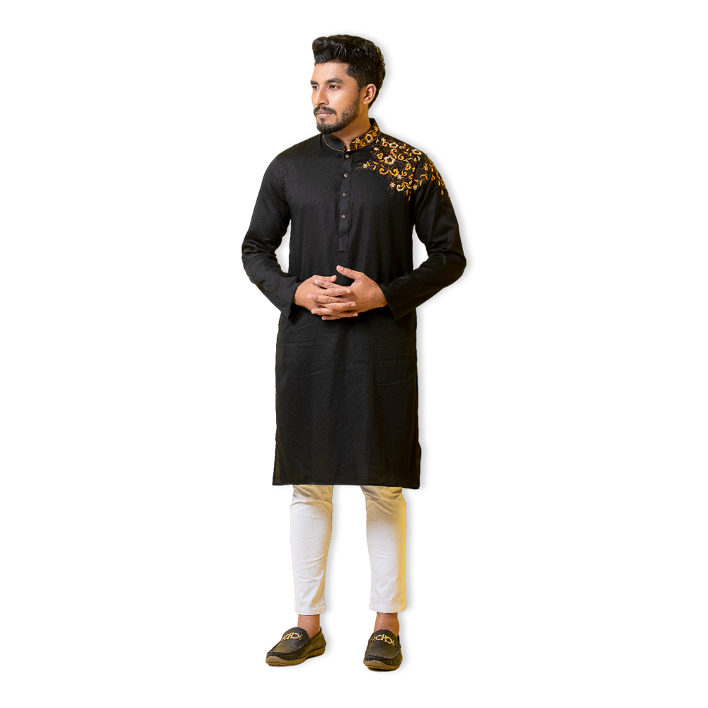 Aman Cotton Embroidery Panjabi For Men - Black - AP-42