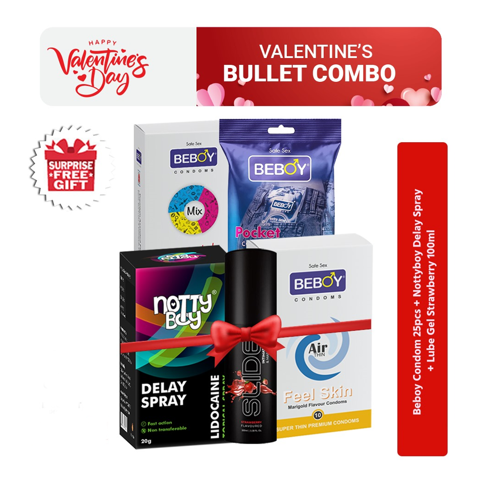 Valentines Surprise Bullet Combo Of Beboy Condom - 25Pcs With Nottyboy Lube Gel - 100ml and Nottyboy Delay Spray - 20gm