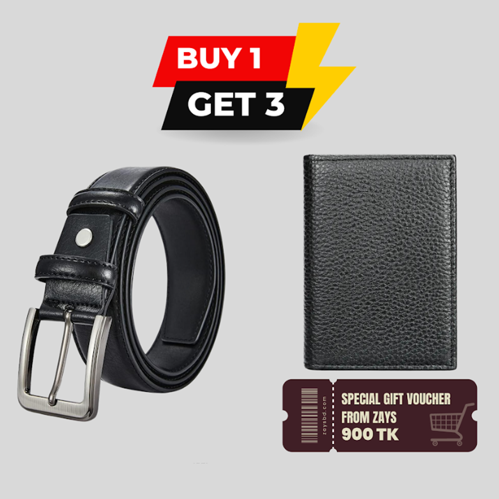 Special B1G3 Offer Buy a Premium Leather Belt and Get Free Card Holder - 900 BDT Gift Voucher From Zays - Limited Time - ZB1G3-109 - Black