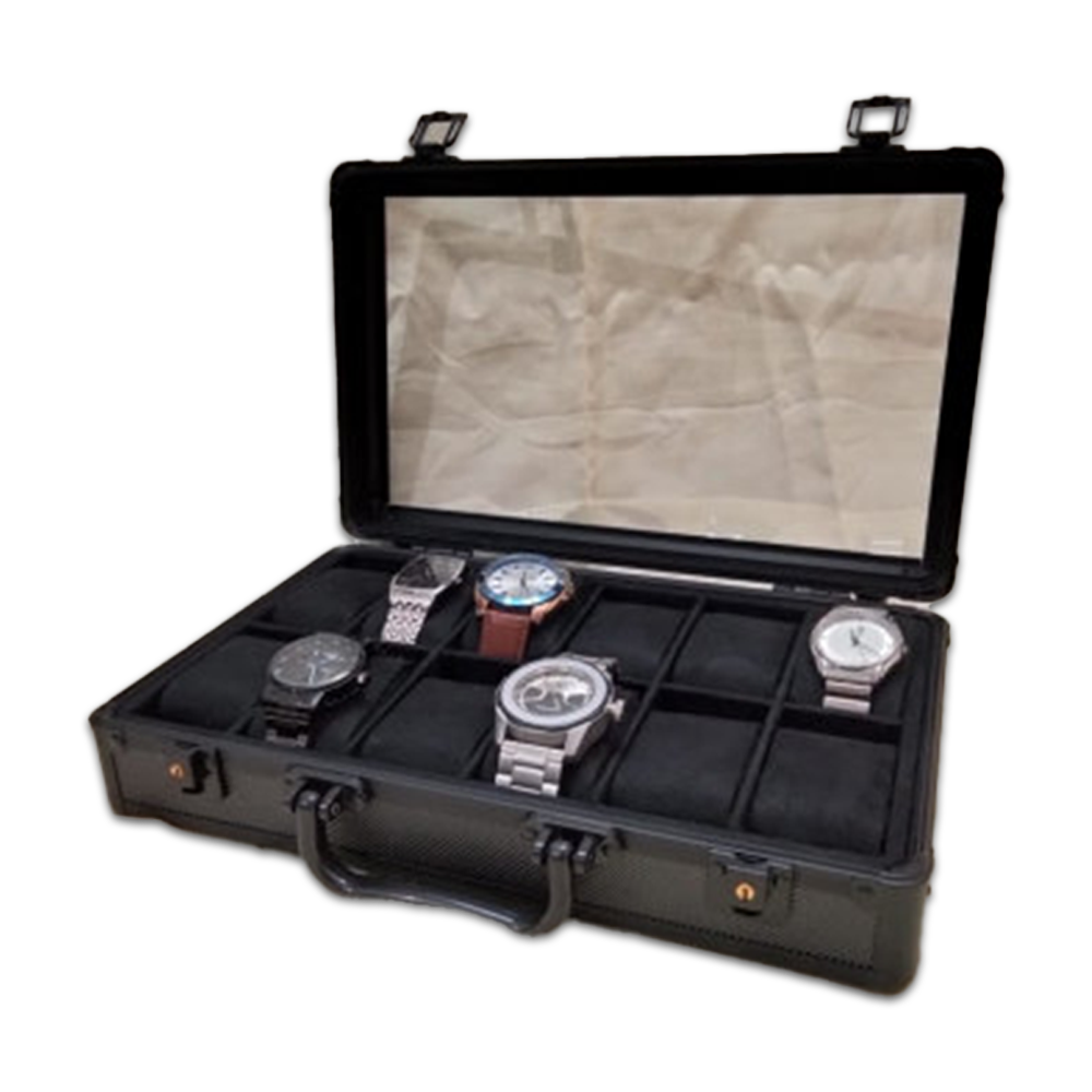 Black Velvet Interior Aluminum Watch Case - 12 Slots