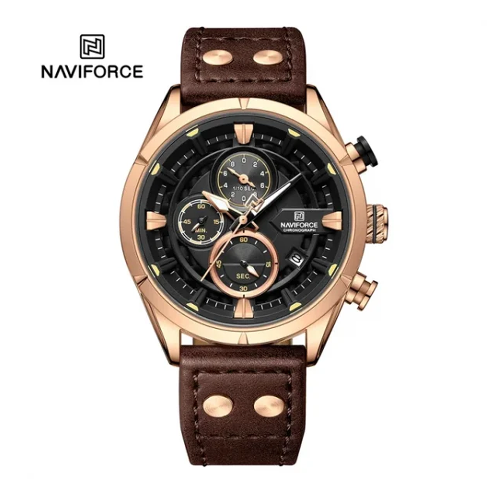 Naviforce 8045 Leather Strap Quartz Movement Watch for Men - Brown Gold