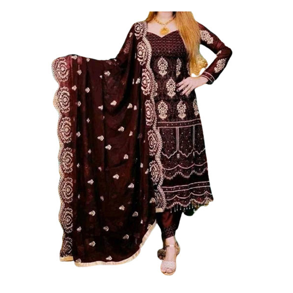 Soft Georgette Embroidery Unstitched Salwar Kameez For Women - Dark Brown - 4G-16