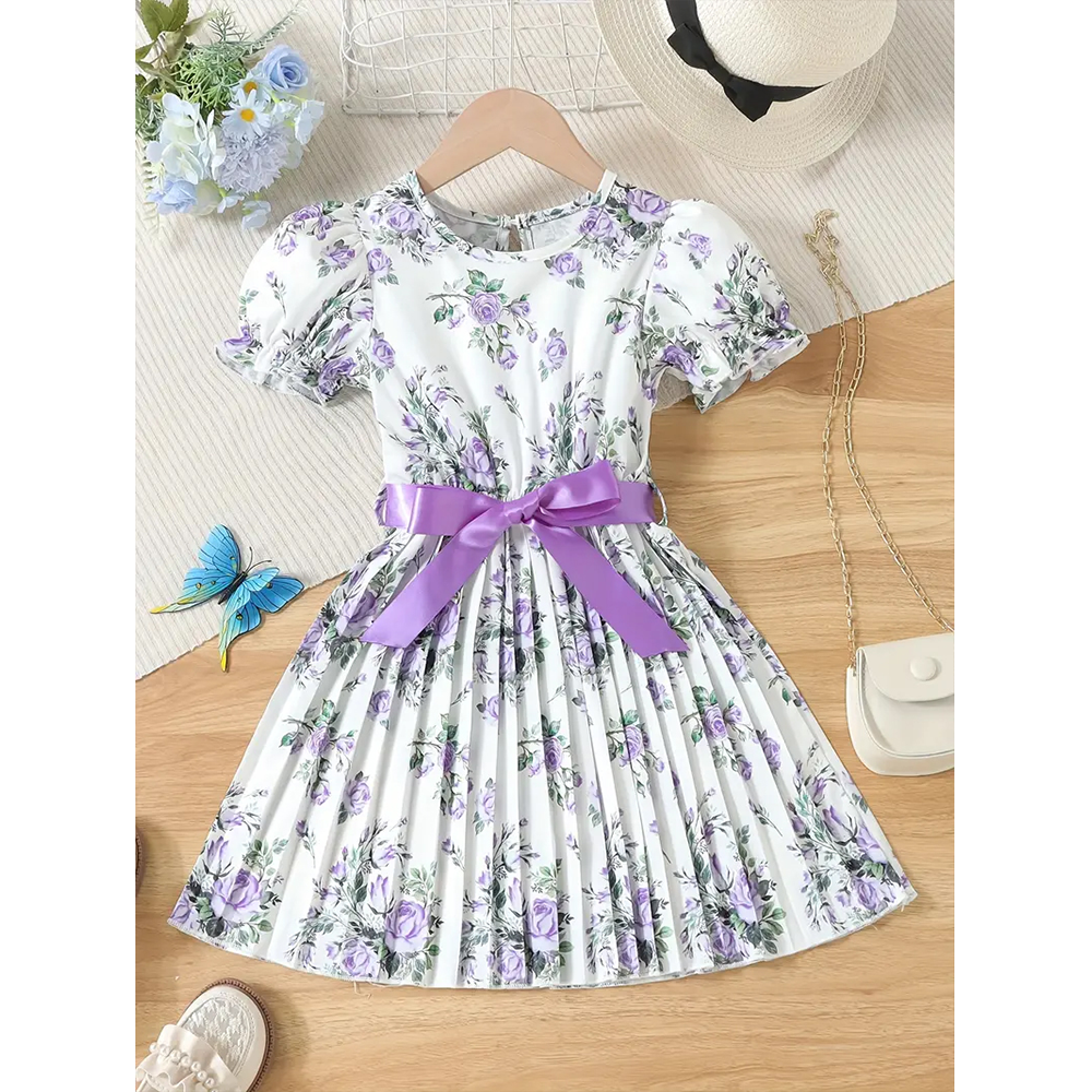 Linen Digital Print Long Gown Dress For Baby Girls - White - 1736