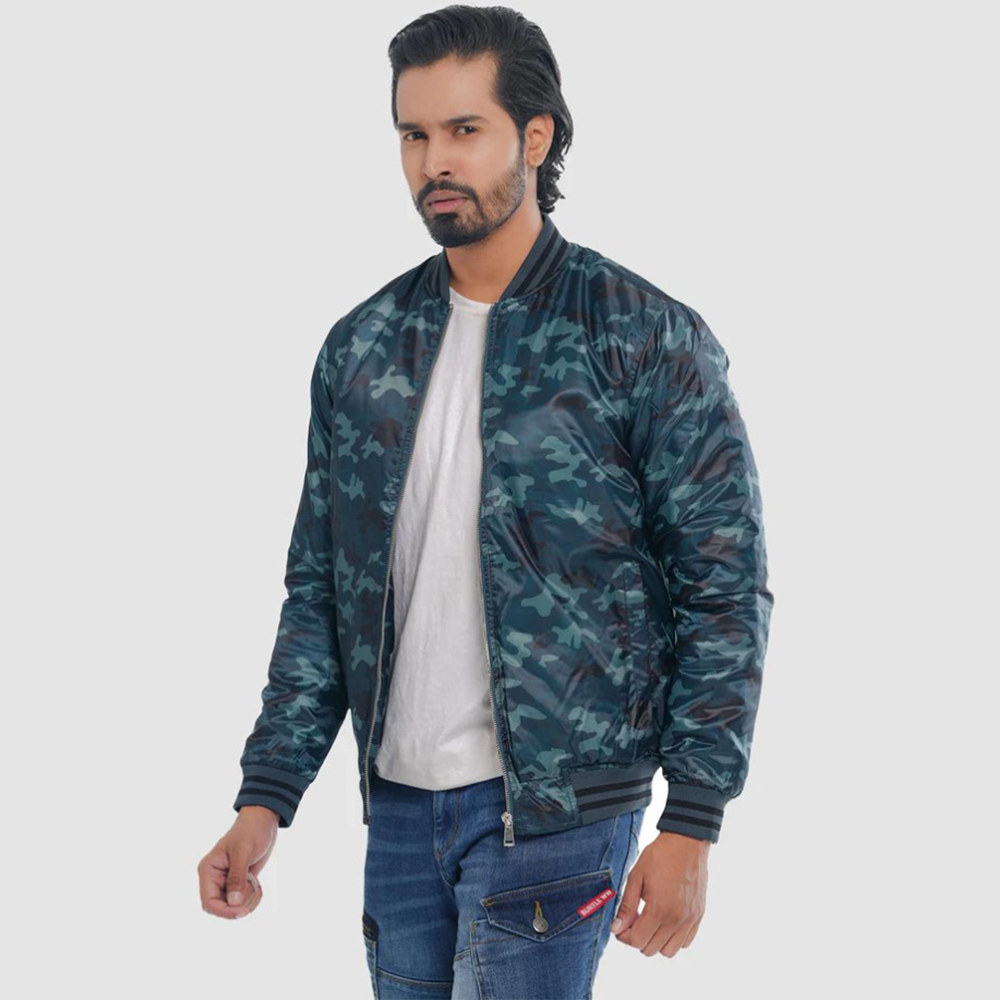 Taffeta Casual Bomber Jacket For Men - Teal Camo