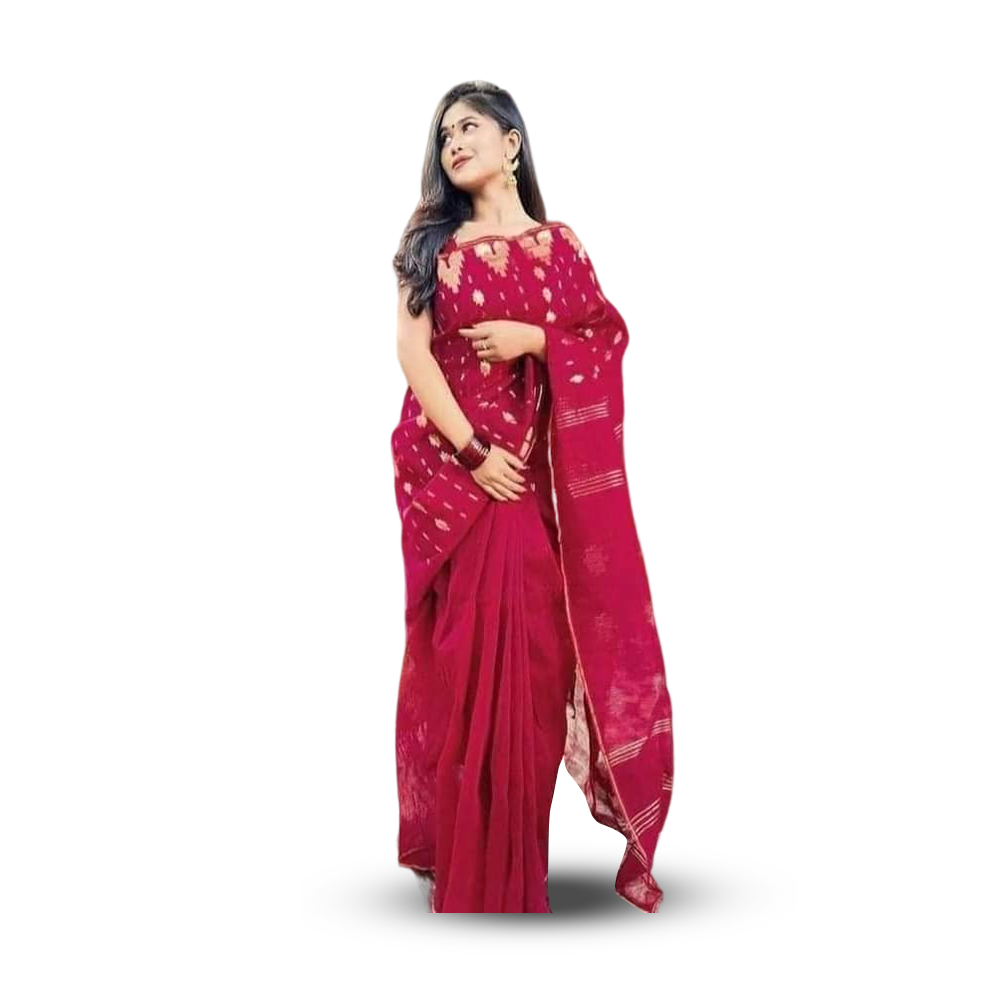 Half Silk Jamdani Saree for Women - Red - C03