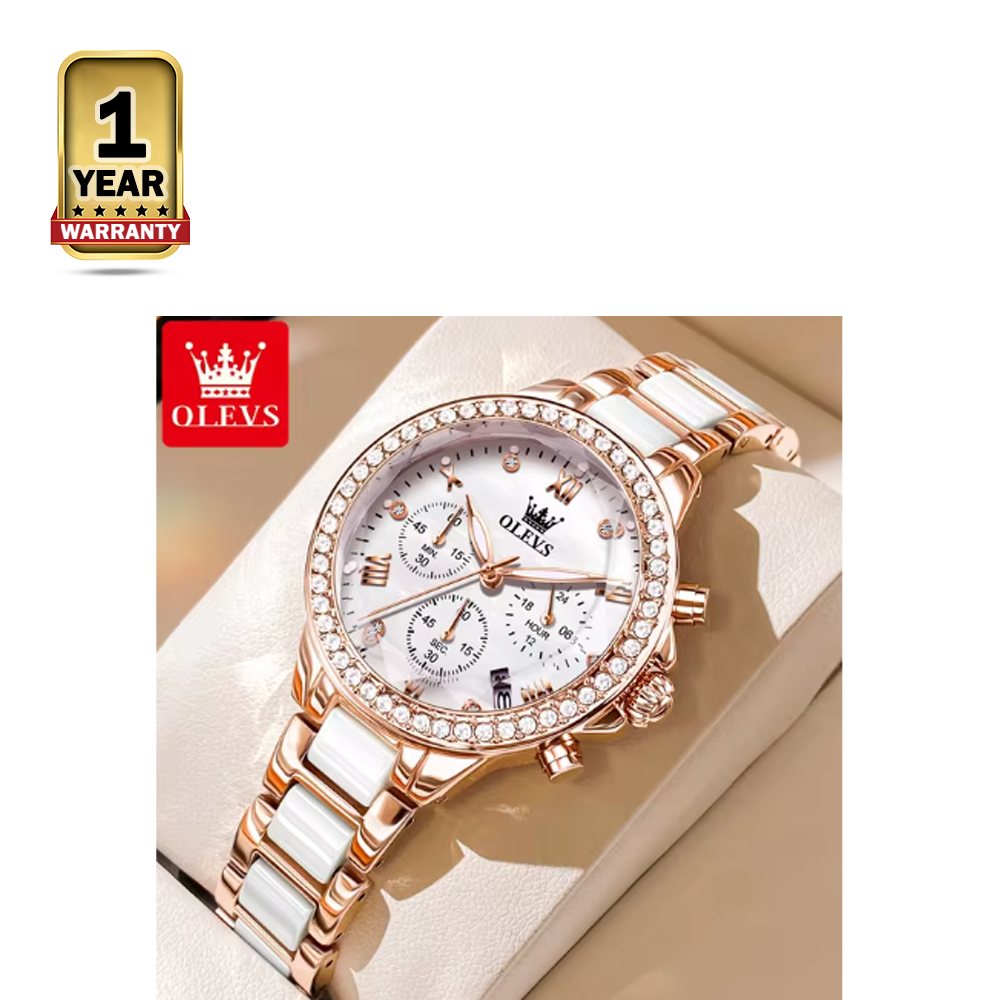 Olevs 9999 Ceramic Chronograph Wrist Watch For Women - Pink Rose Gold