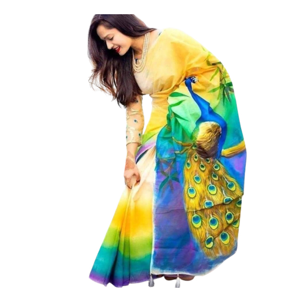 Half Silk Hand Print Saree For Women - Multicolor - SP-99