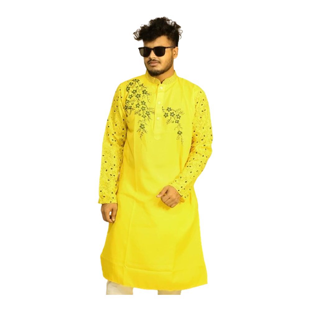 Dupion Silk Semi Long Panjabi For Men - Yellow