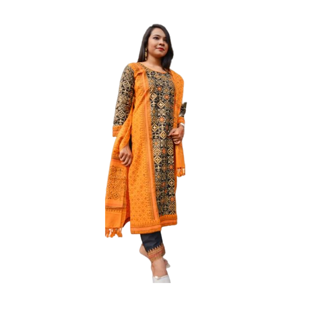 Unstitched Cotton Block Print Salwar kameez For Women - Orange - 3P-06