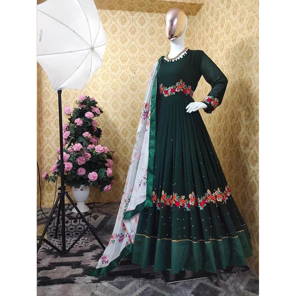 Semi Stitched Embroidery Georgette Long  Party Dress For Women