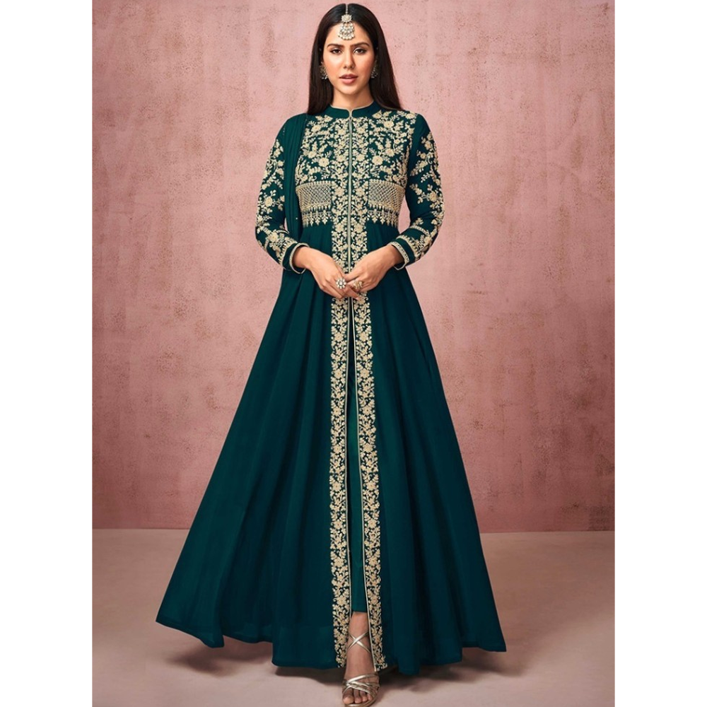 Semi Stitched Embroidery Georgette Long Party Dress For Women 