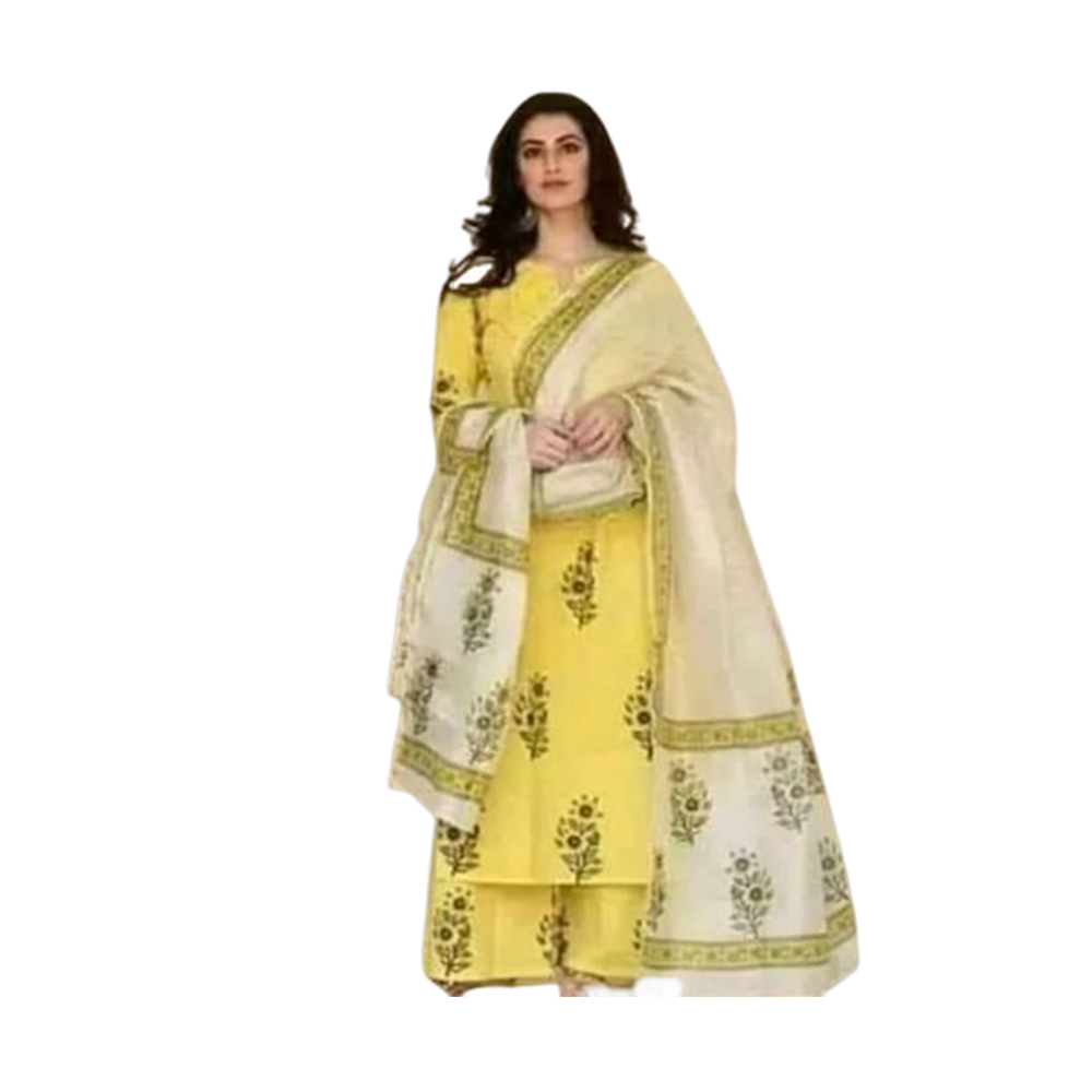 Unstitched Cotton Block Print Salwar kameez For Women - Yellow - 3P-01