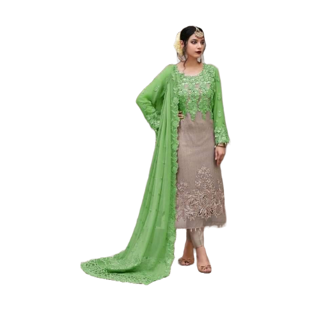 Three Pcs For Women Georgette and Butter Silk - Green and Gray