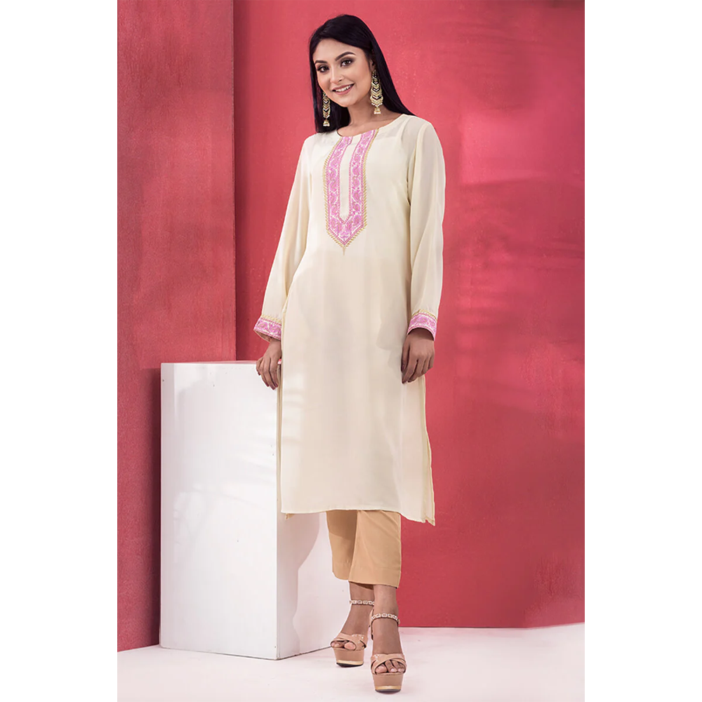 Cherry Georgette Kurti for Women - Pale Yellow - M-21