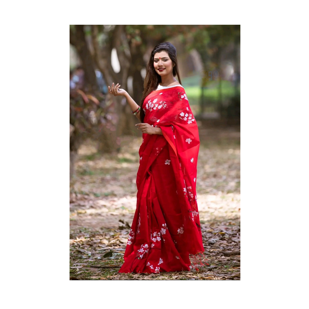 Hand Printed Half Silk Saree For Women - Multicolor - BAN149