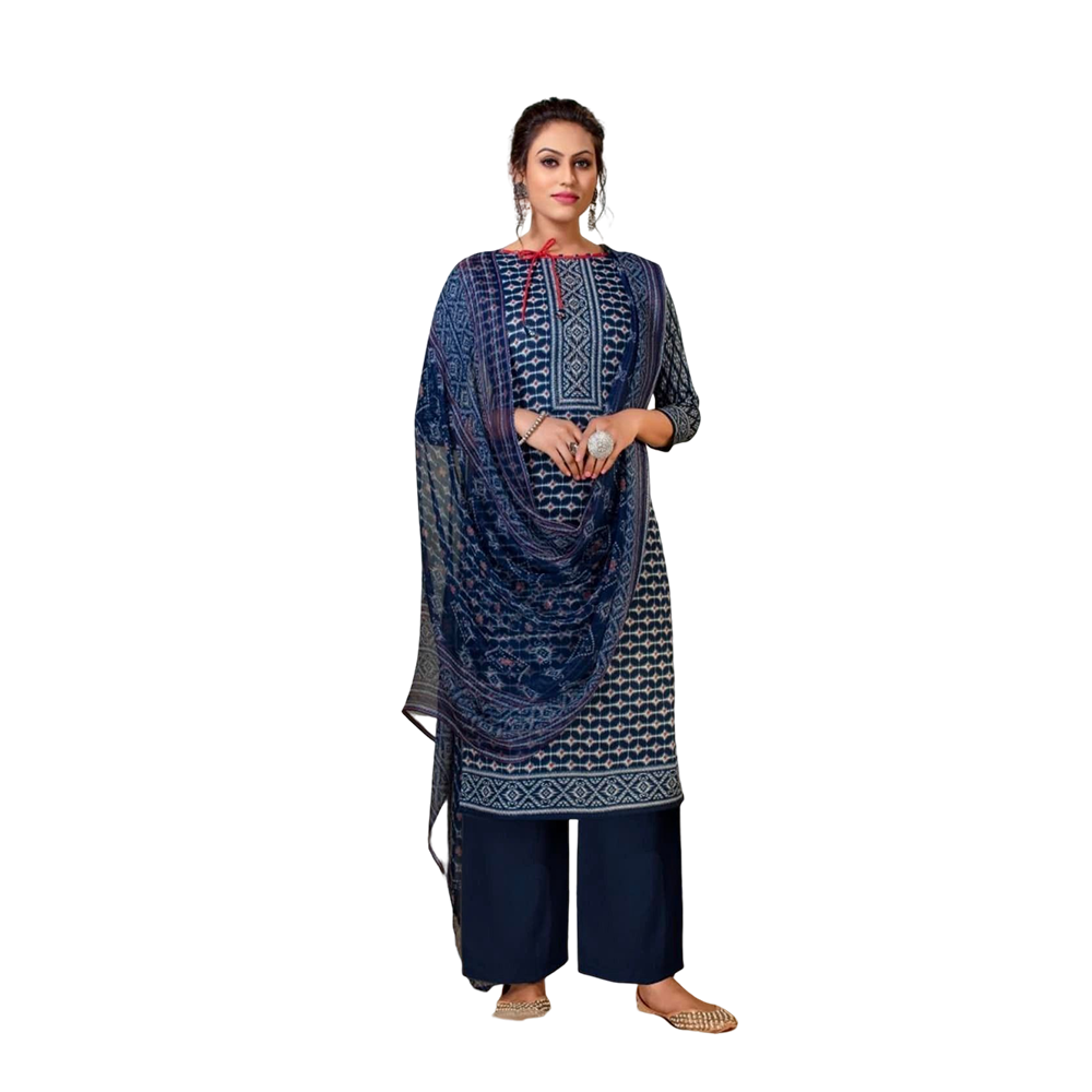 Cotton Unstitched Punjabi Kudi Salwar Kameez For Women - C11 - Navy Blue