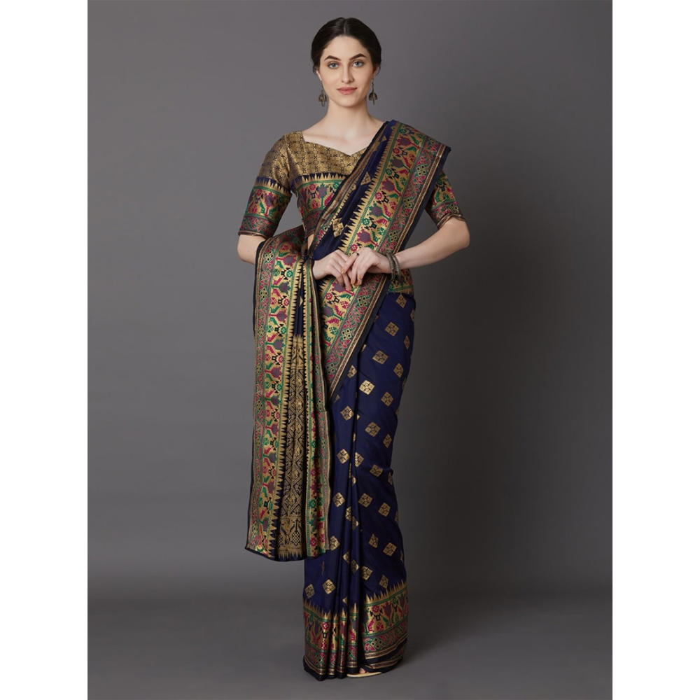 Silk Printed Saree With Blouse Piece For Women - Navy Blue - MN-702